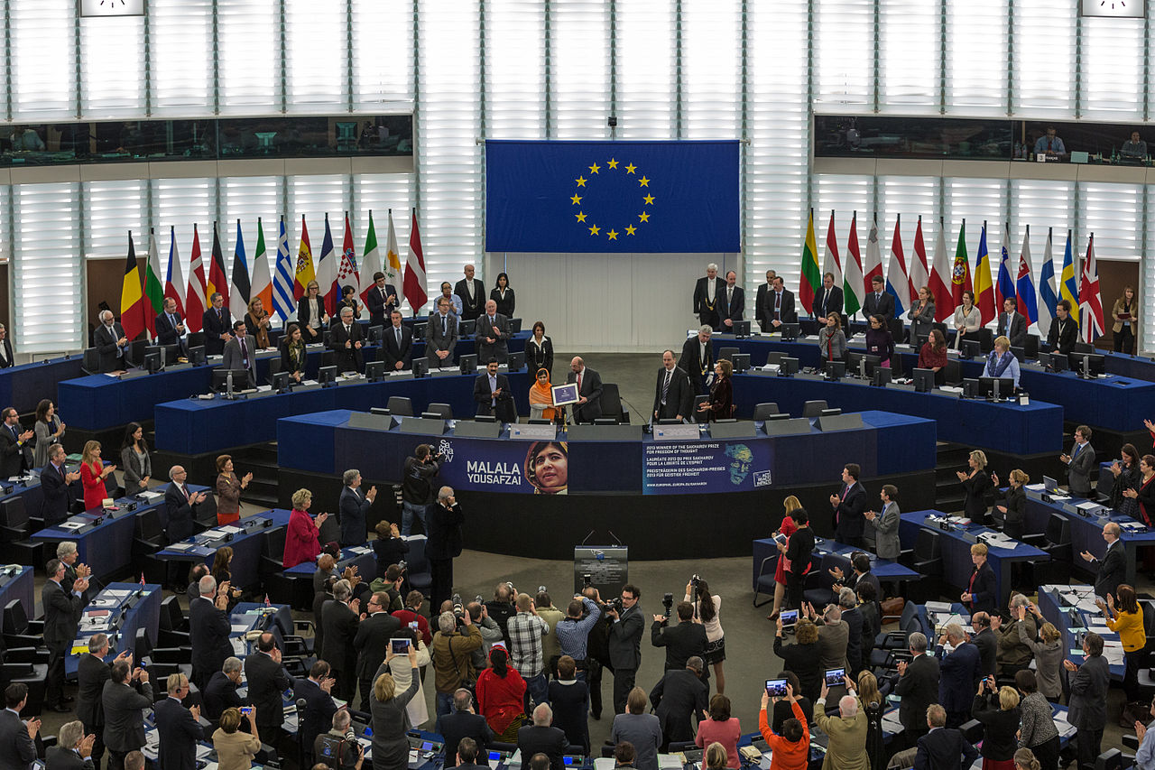 Malala aged 16, winning the Sakharov Prize presented by the European Parliament.